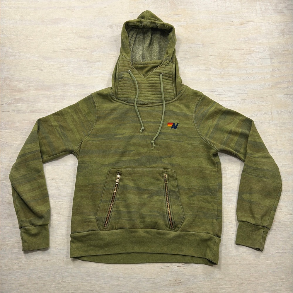 Aviator Nation Hoodie Ninja Pullover Small Camo Quilted Neck Green Womens
